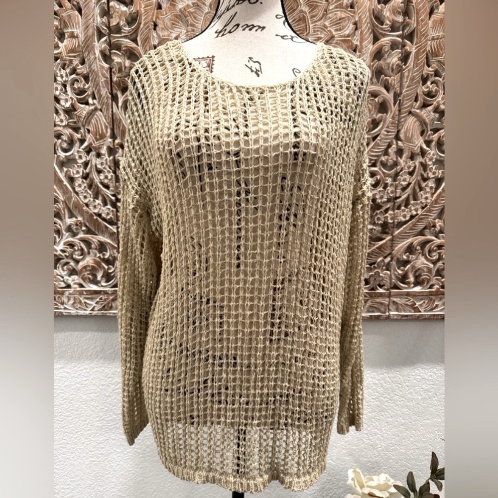 Umgee Super Soft Open Knit Tan Sweater Shirt Top size S